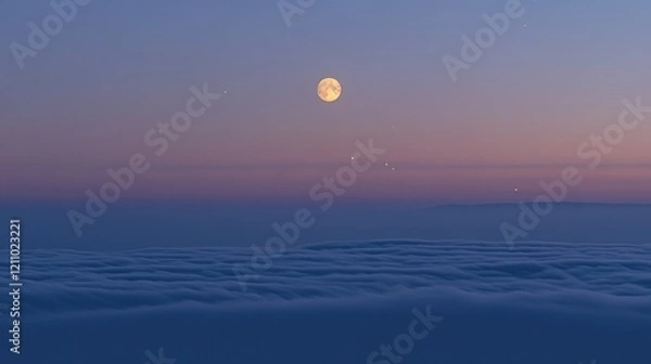Fototapeta A serene twilight scene featuring a full moon above a sea of clouds.