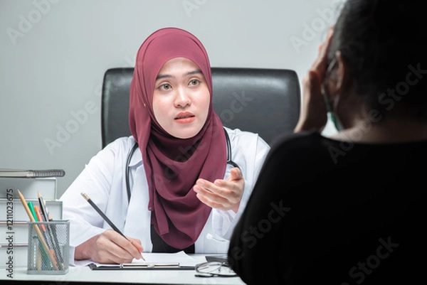 Obraz The Asian Muslim woman doctor was sitting at the patient's examination table and was examining and talking about the patient with a smiling and worried face at hospital.