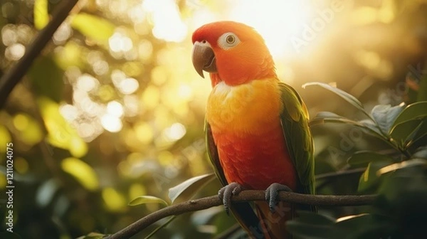 Fototapeta Parrot on perch, close-up of vibrant feathers, bright sunlight filtering through trees