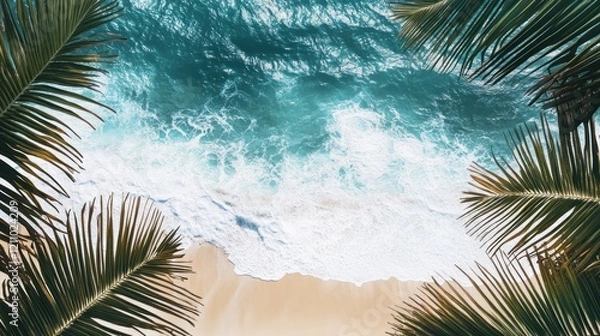 Fototapeta Tropical Beach Paradise: Azure Ocean Waves Crashing on Golden Sands, Viewed Through Lush Palm Fronds