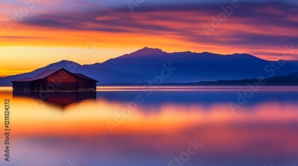 Fototapeta Serene lake at sunset with a solitary wooden structure and distant mountains.