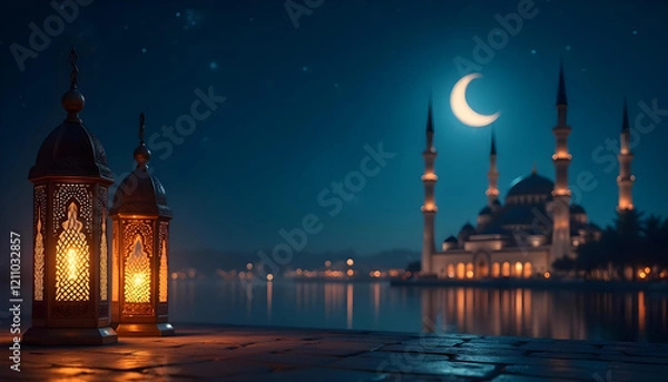 Fototapeta An enchanting Ramadan-themed composition featuring a glowing ornate lantern on a rooftop, with multiple mosques and stars creating a peaceful ambiance