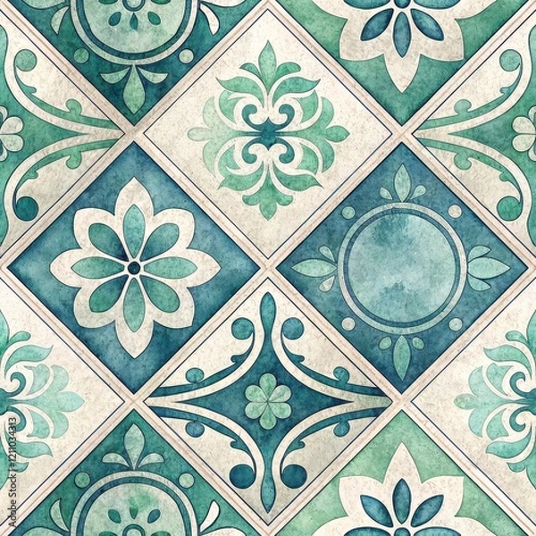 Fototapeta Elegant Teal and Cream Watercolor Tile Pattern Seamless Geometric Design Vintage Floral Motifs