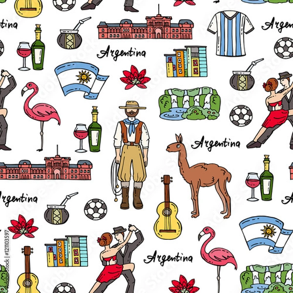 Fototapeta Vector seamless pattern with hand drawn colored symbols of Argentina