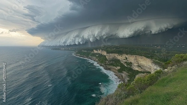 Fototapeta Dramatic shelf cloud over coastal cliffs and ocean.
