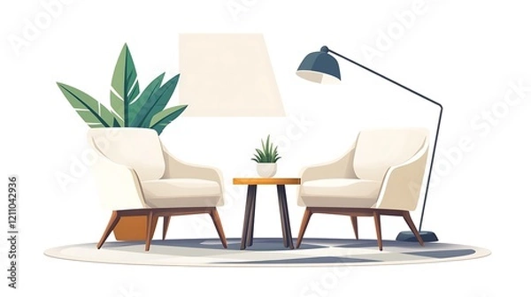 Fototapeta Modern Living Room Chairs Table Plant and Lamp