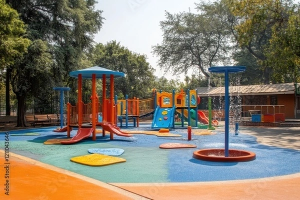 Fototapeta Colorful Outdoor Playground with Water Features, Slides, and Play Structures Surrounded by Greenery in a Sunny Day Setting for Children’s Recreation and Fun