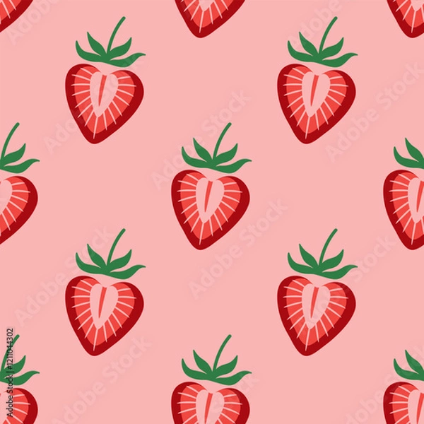 Fototapeta Cute Valentines Day seamless pattern with heart shaped strawberry on a pastel pink background. Bright red strawberry halves vector pattern. Can be used as a wrapping paper, textile print, wallpaper