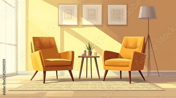 Obraz Sunny Room With Two Yellow Armchairs and a Small Table