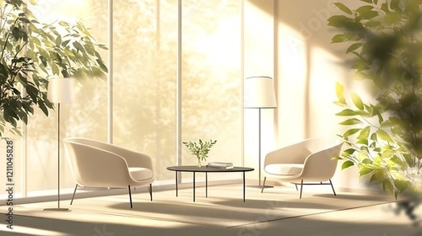 Fototapeta Serene Minimalist Living Room Sunlight Illuminates Tranquil Space