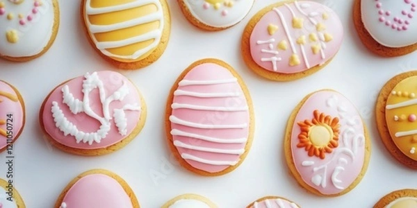 Fototapeta Colorful Easter egg-shaped cookies and pastries beautifully arranged for a festive celebration