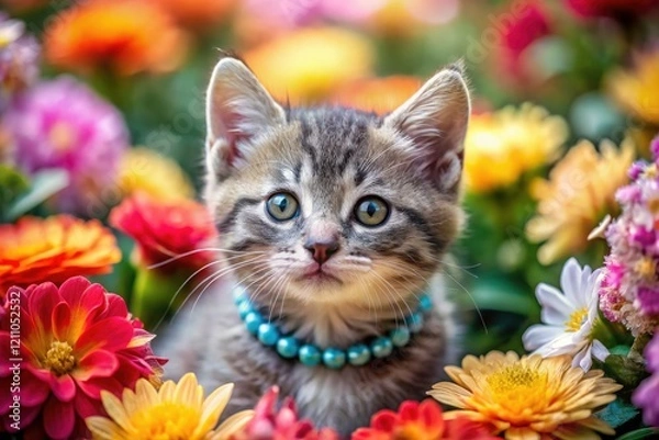Obraz Macro Gray Kitten Flowers Collar Photography - Cute Pet Closeup Image