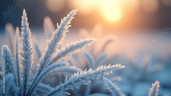 Obraz Frost-covered grass at dawn with soft bokeh lighting