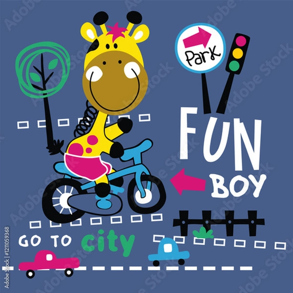 Fototapeta Cartoon giraffe riding a bicycle with traffic signs, trees, and a playful urban design on a blue background. Fun and active transportation design concept
