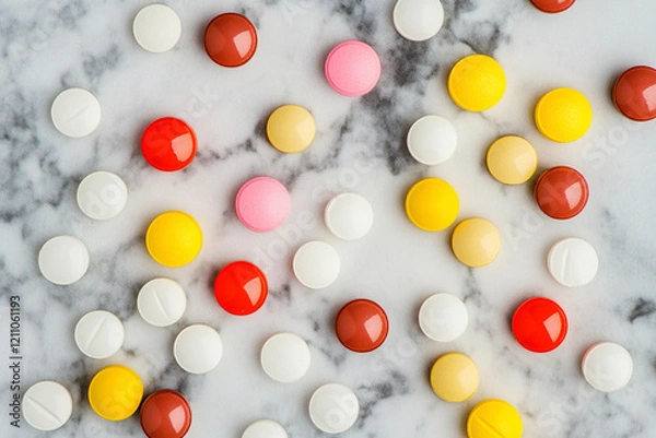 Fototapeta Colorful assortment of round candies scattered on a marble surface during a bright afternoon