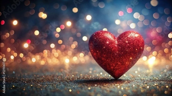 Fototapeta A Sparkling Red Heart Rests on Glittering Surface Amidst a Dreamy Bokeh Background