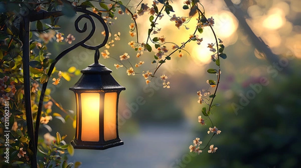 Fototapeta glowing lantern hangs from wrought iron post, surrounded by delicate vines and blooming flowers, creating serene and magical atmosphere in garden at sunset