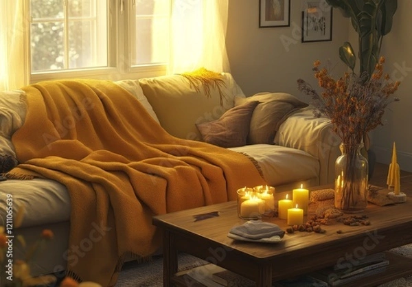 Fototapeta Cozy living room with warm sunlight, candles, and autumnal decor on a coffee table.