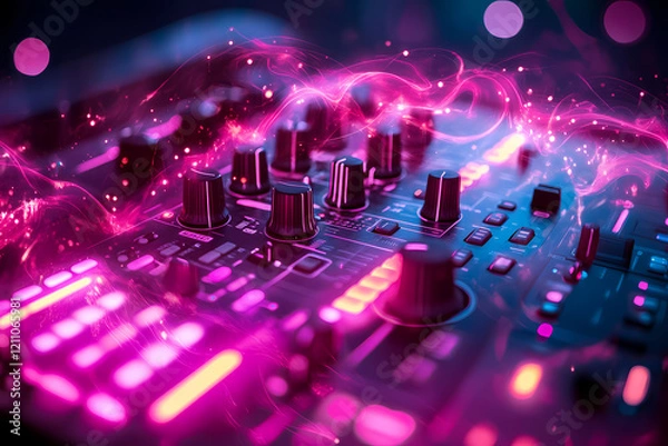 Fototapeta A glowing digital DJ mixing neon soundwaves on a radiant holographic console