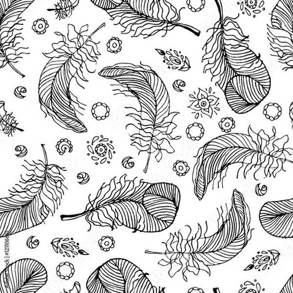 Fototapeta Seamless pattern feathers. Doodle, stylized image of bird feathers. Bo-ho style. Template for printing onto fabric, wrapping paper, textiles.