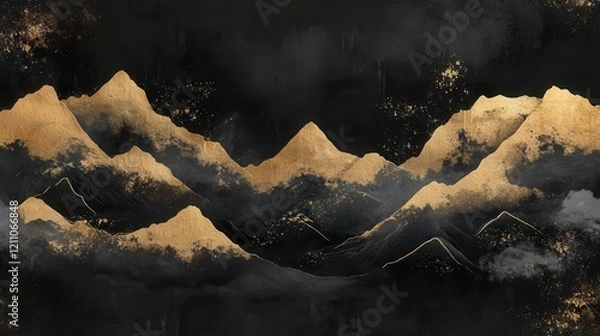 Obraz minimalist japanese ink landscape with gold leaf accents, depicting abstract mountains and clouds in traditional sumi-e style on a dramatic black background