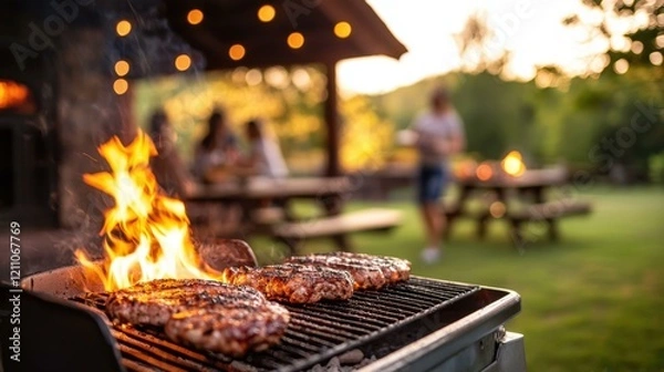 Fototapeta Grilling delicious marinated steaks over open flame, vibrant outdoor Easter celebration with friends, cheerful atmosphere, warm sunset glow, laughter and joy filling garden space.