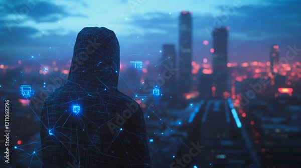 Fototapeta Hacker are planning to hack and attack networks and cyber security systems.Smart digital city with connection Innovation network reciprocity over the cityscape