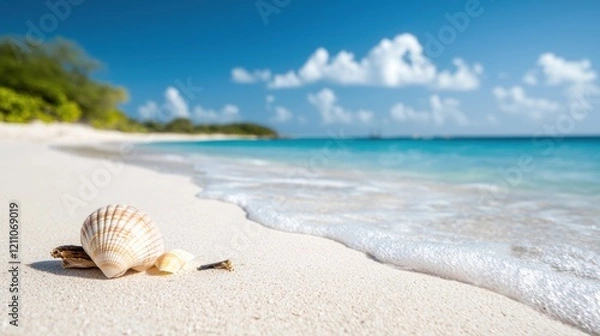 Fototapeta Serene beach scene with seashell on sandy shore