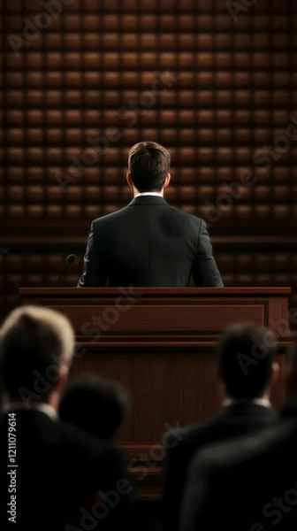 Fototapeta Businessman Addresses Audience from Podium in Formal Setting with Padded Backdrop