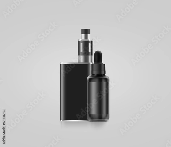 Obraz Blank black vape mod box with juice bottle mockup isolated, clipping path, 3d illustration. Clear smoking vapor with dropper flacon mock up template. Modbox vaporizer device presentation.