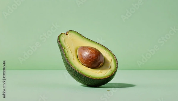 Fototapeta A half-eaten avocado placed on a soft, pastel green background. The avocado's creamy interior is slightly textured with bite marks, and the seed is visible. The overall style is clean and minimal