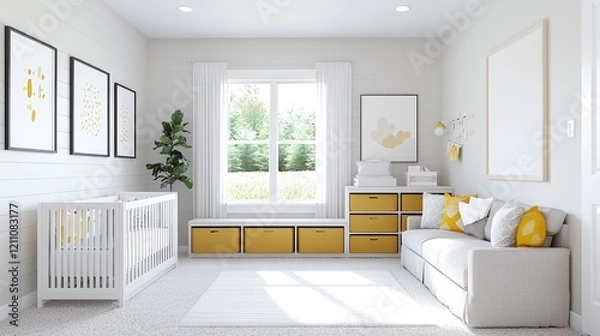 Fototapeta Nursery room design, yellow accents, window view, cozy atmosphere, home decor