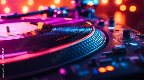 Obraz Neon-Lit Turntable with DJ Adjusting Vinyl Records