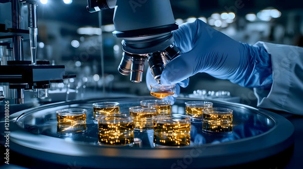 Fototapeta Scientist Analyzes Liquid Samples Under Microscope in Advanced Laboratory Setting with Precision