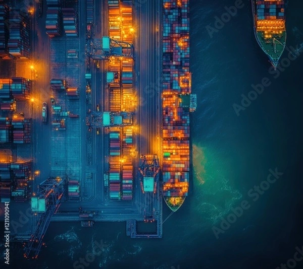 Fototapeta Aerial View of a Cargo Port at Night with Docker Ships and Brightly Lit Containers Creating a Vibrant Industrial Scene Over Calm Waters