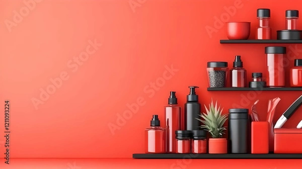 Fototapeta Red Cosmetic Bottles and Jars on Shelves with Plants Gracefully Arranged on a Red Backdrop