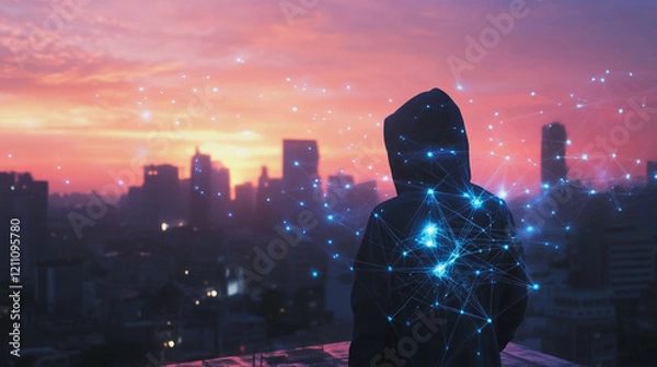 Fototapeta Hacker are planning to hack and attack networks and cyber security systems.Smart digital city with connection Innovation network reciprocity over the cityscape