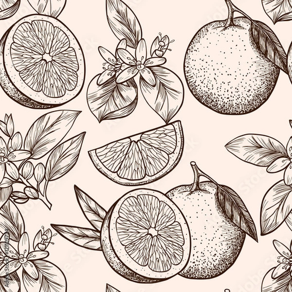 Fototapeta Oranges  and flowers. Vector seamless pattern