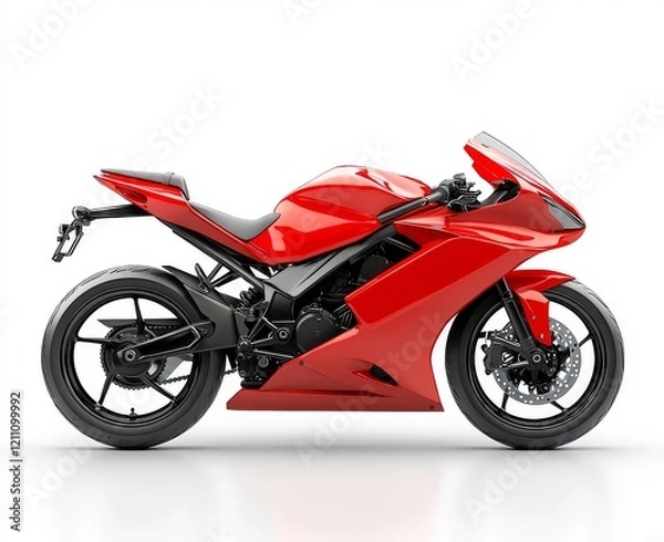 Fototapeta Red modern sport motorcycle isolated on a white background with a reflection, in photorealistic style.