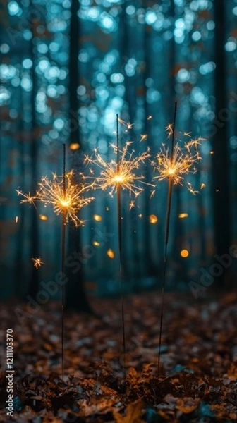 Obraz Enchanted Forest with Glowing Sparklers at Night