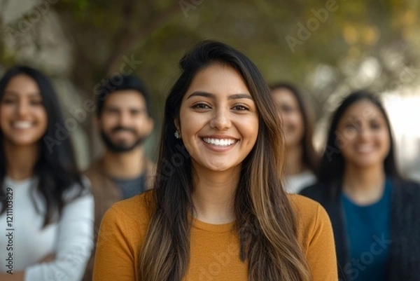 Fototapeta A young South Asian woman and her diverse colleagues smiling, Generative AI