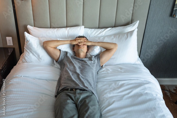 Obraz Tired, stressed exhausted man lying in bed hand over face	