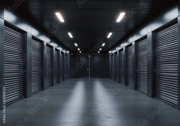 Fototapeta Dark corridor with closed storage units.