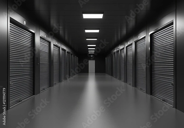 Fototapeta Dark hallway with many closed metal storage unit doors.
