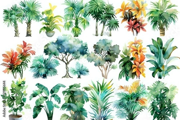 Fototapeta Watercolor tropical plants collection with palm trees, exotic flowers and foliage perfect for botanical illustrations, wedding invitations and nature-inspired designs.