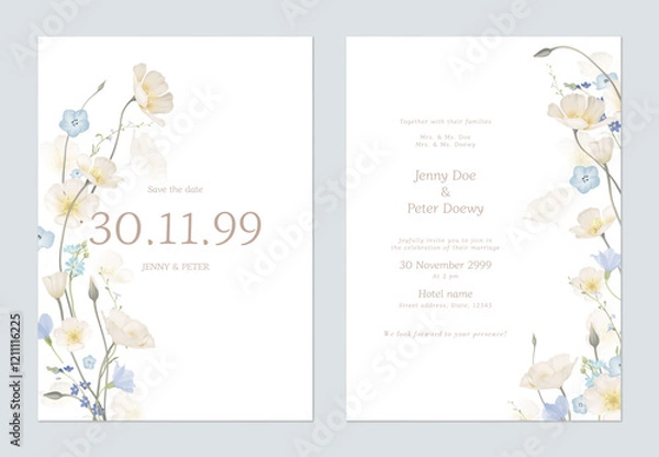 Obraz Save the date and wedding invitation template set of delicate wildflowers and white California Poppy flowers on a white background, adding a touch of nature and elegance