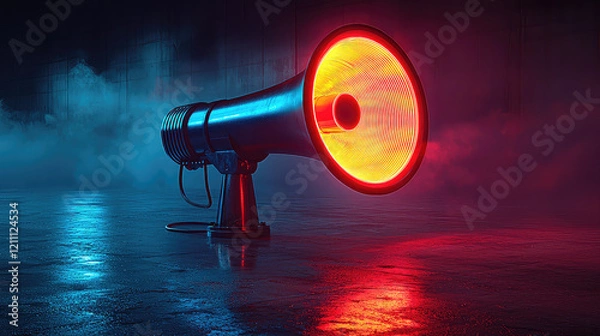 Obraz A glowing vintage megaphone on a dark, reflective surface with neon blue and red lighting and smoke.
