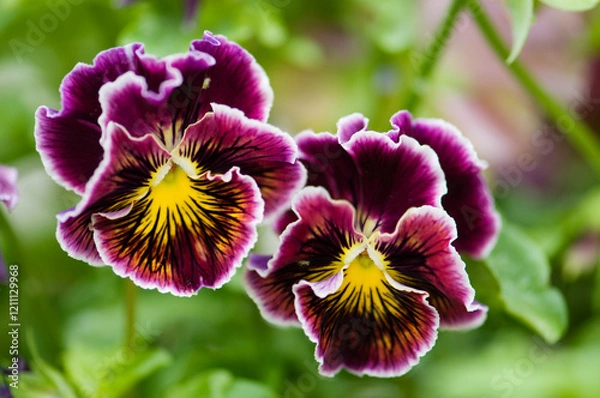 Obraz Dark Burgundy Red Viola Pansy Flower Rococo Duet. White Picotee and Yellow Centers with Beautiful Whiskers Pattern. Viola x wittrockiana