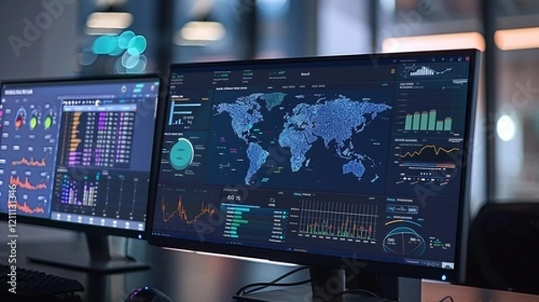 Obraz Real time interactive global data analytics dashboard with world map visualization financial charts and various data metrics and statistics for business intelligence and strategic decision making