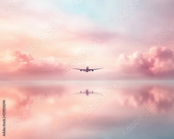 Fototapeta A serene airplane flies through pastel skies, reflecting on a calm water surface, creating a dreamy, tranquil atmosphere.